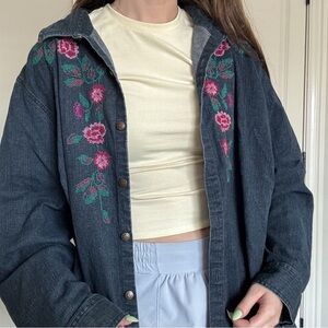 Liz & Me Dark Denim Jacket with Pink Cross-Stitching